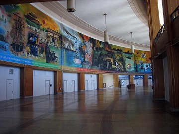 World's Fair Admin. Bldg.- with huge mural of naval battles, and one lonely security guard